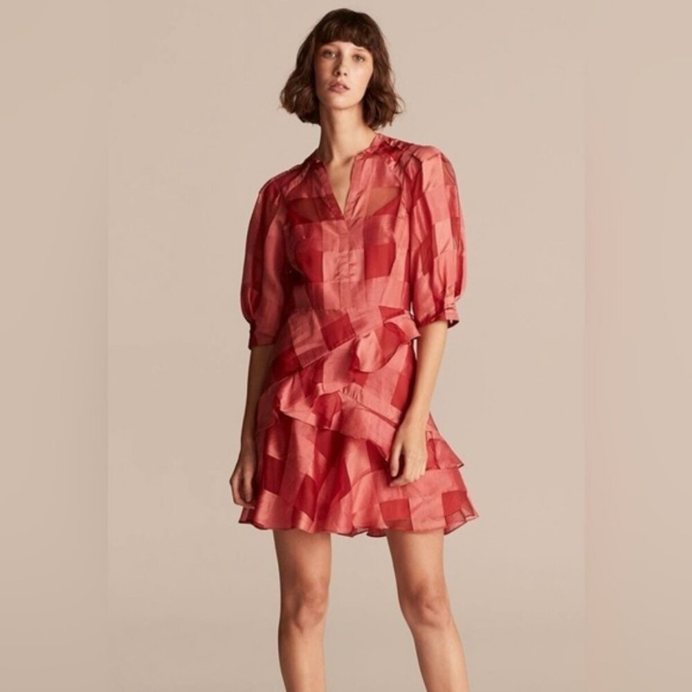 REBECCA TAYLOR Pink organza layered puff sleeve mini dress size 14